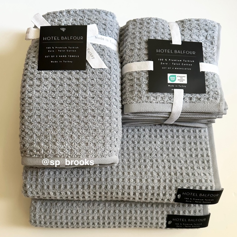 🎁8PC Hotel Balfour Bath Towel Set -Zero Twist Cotton -Waffle Light Blue Chambray